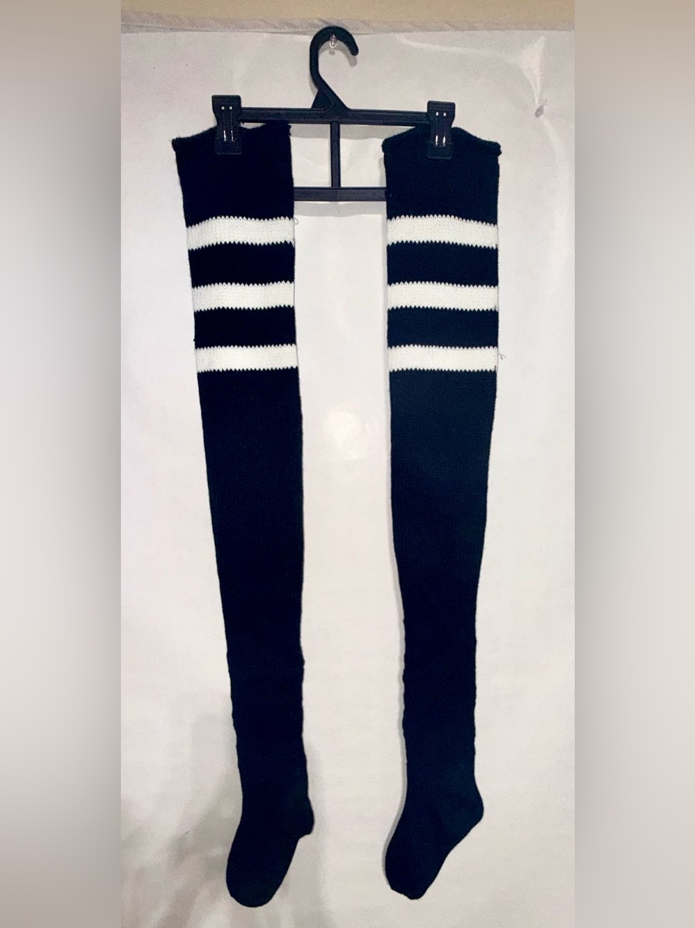 PLUS SIZE Black Knit Thigh High Socks with White Stripes